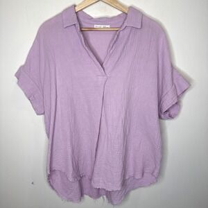 Be Cool Gauze Popover Top Womens M/L Purple Collar Raw Hem Boxy Sustainable Gorp